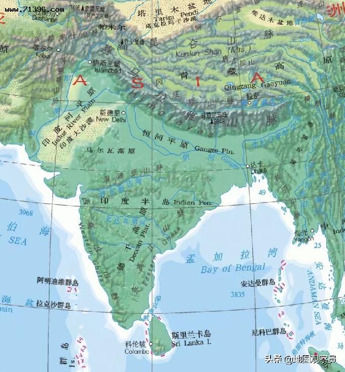 南边是两侧的阿拉伯海和孟加拉湾(属印度洋东面是横断山脉南部延伸